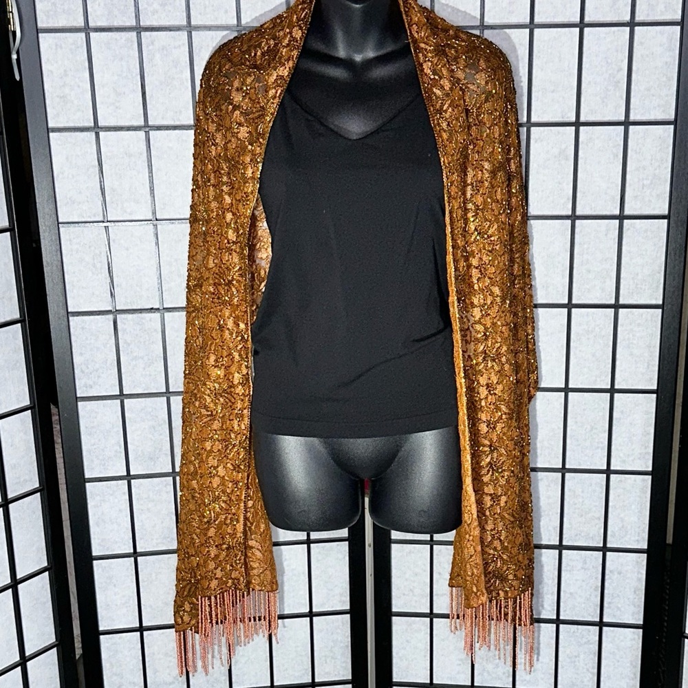 Exquisite Brown/Cooper Beaded Sparkling Pashmina 72” plus beaded fringe x 19.5”